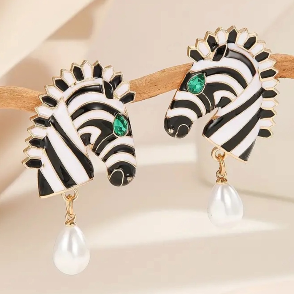 Pearl Drop Zebra Statement Earrings - Picture 1 of 3